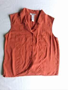 Vintage silk blouse sleeveless orange collared button up women’s size XL
